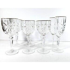 Avon Wine Goblets Cut Glass 8 Gold Rim Star Fan France 24% Lead Crystal SZ Varie